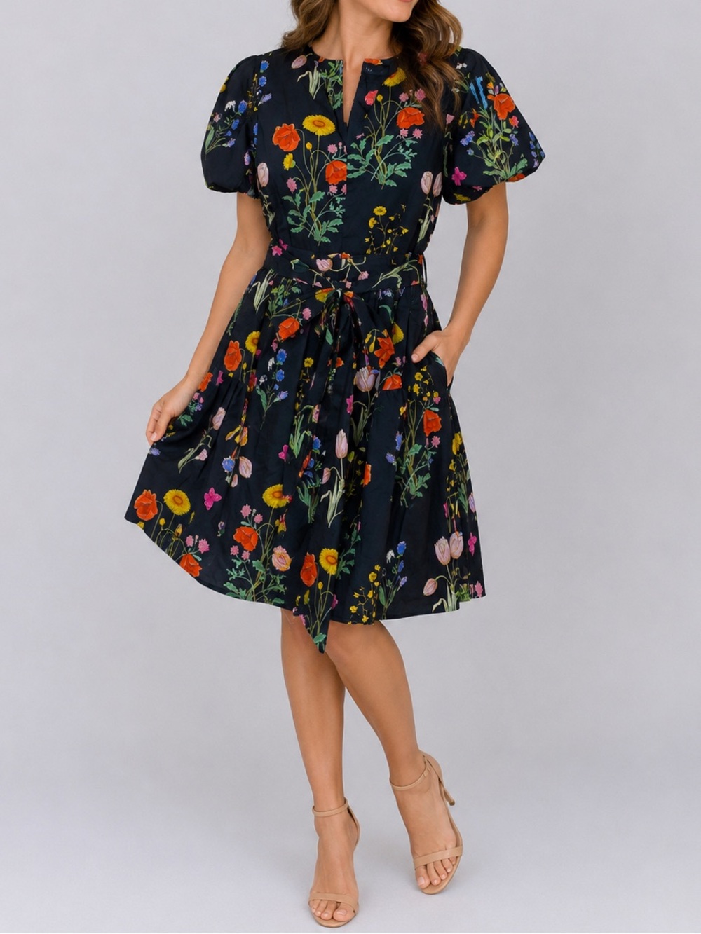 Gigio | Black Floral Tie-Waist Puff Sleeve Dress | Size S | NWT | Romantic Cute